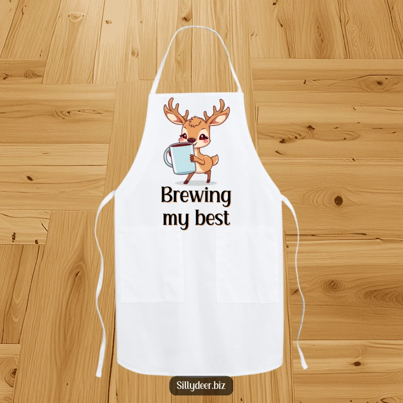 Funny Deer Apron showing a determined deer with a grin, carrying a massive coffee mug, ideal for a fun coffee-making experience.