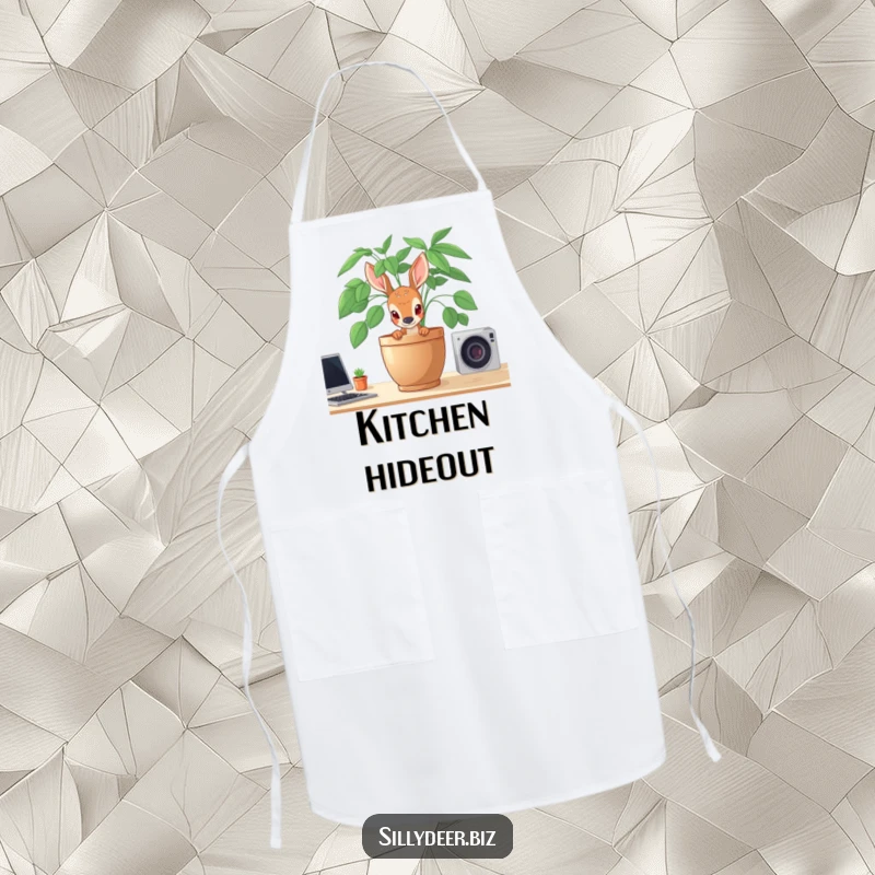 Funny Shy Deer Apron showing a shy deer peeking from behind a potted plant on a desk, ideal for a gentle cooking experience.