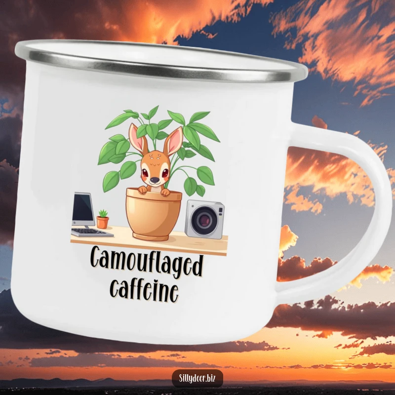 Funny Shy Deer Camping Mug with a shy deer peeking from behind a potted plant, perfect for outdoor enjoyment.