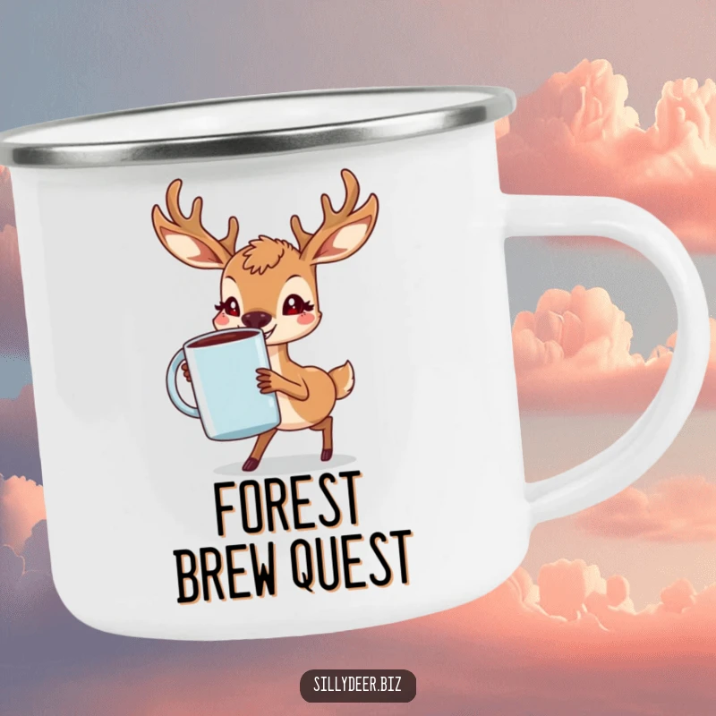 Funny Deer Camping Mug with a determined deer and a grin, carrying a huge coffee mug, perfect for outdoor caffeine enjoyment.