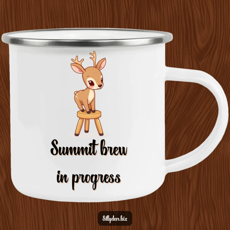 Funny camping mug depicting a deer concentrating on mounting a small, rickety stool, ideal for outdoor humor.