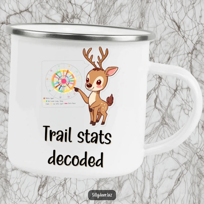 Funny Deer Camping Mug with an enthusiastic deer pointing at a complex, colorful chart, perfect for outdoor data enjoyment.