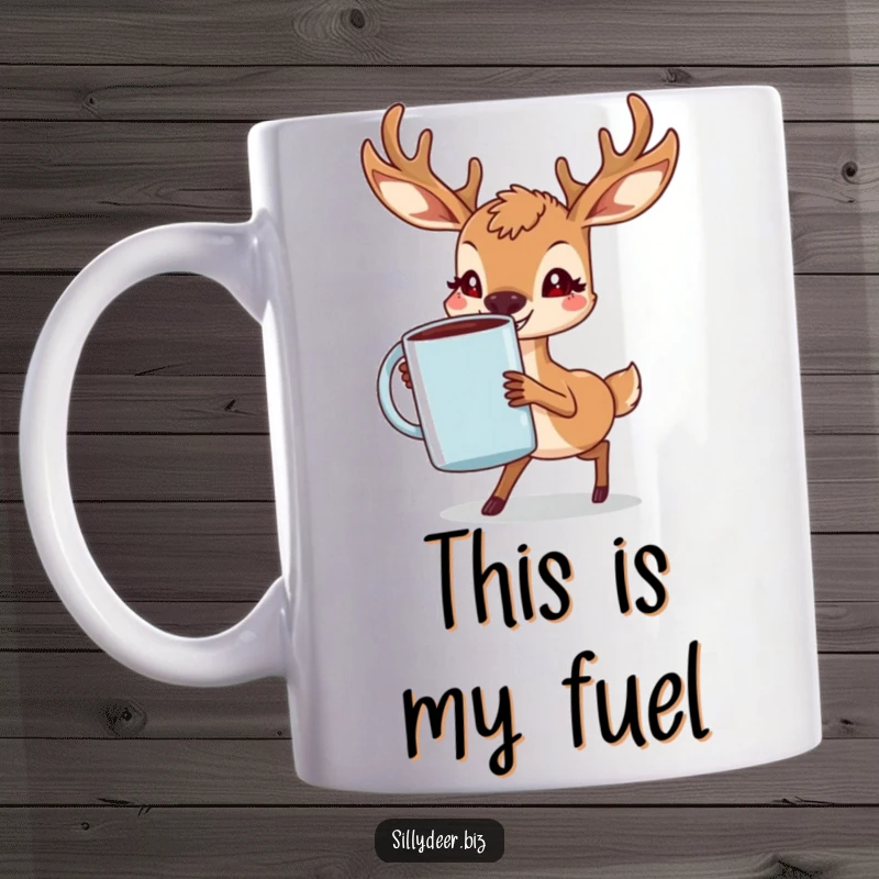 Funny Deer Mug shows a determined deer with a grin, struggling to carry a massive coffee mug, capturing the caffeine quest.
