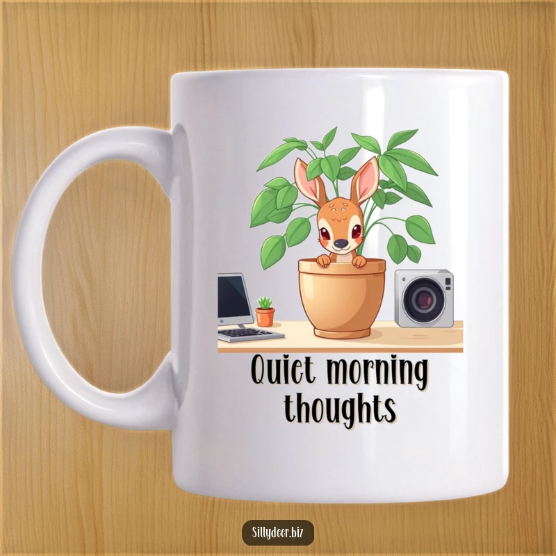 Funny Shy Deer Mug showing a deer peeking adorably from behind a large potted plant on a desk, exuding quiet charm.