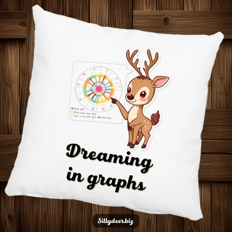 Funny Deer Pillow with an enthusiastic deer pointing at a complex, colorful chart, offering comfort and professional humor.