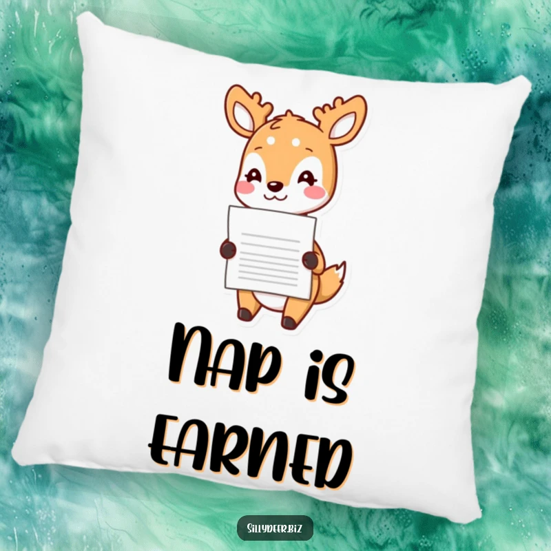 Funny Kawaii Deer Pillow: Soft decorative pillow with a cute deer cheerfully handing a document, adding comfort and smiles.