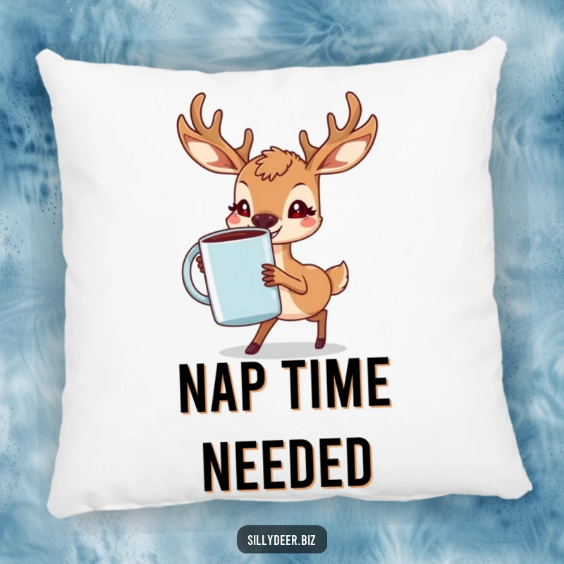 Funny Deer Pillow with a determined deer and a grin, struggling with a giant coffee mug, offering comfort and humor.