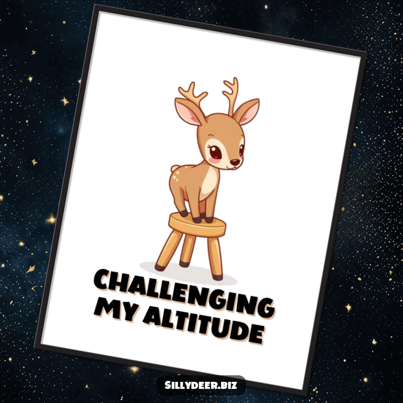 Funny digital artwork of a deer with a determined, comical expression trying to ascend a small, unstable stool.