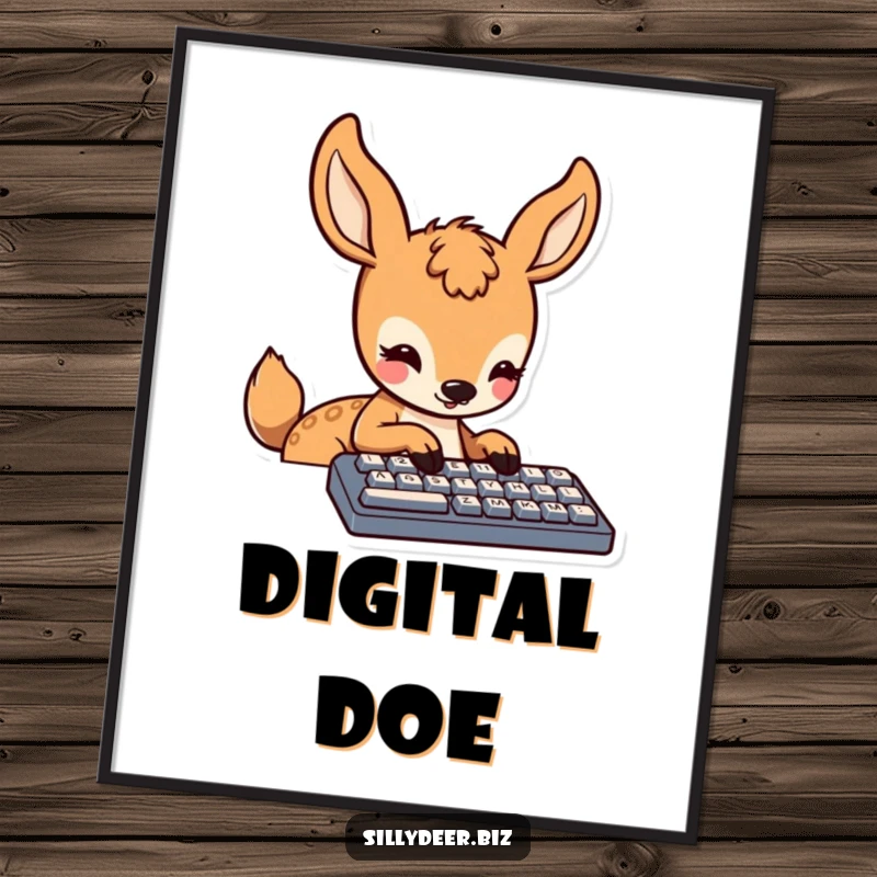 Funny Kawaii Deer Digital Art Print: Cute printable of a deer intently typing on a keyboard, adding focus and humor to decor.