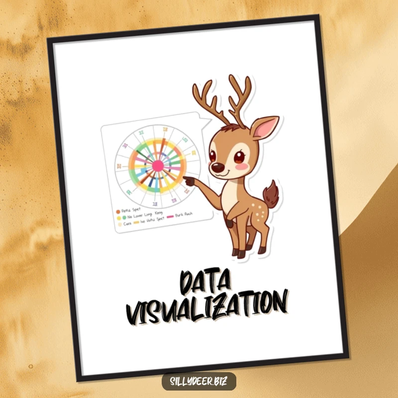 Funny Deer Digital Art Print featuring an enthusiastic deer pointing at a complex, colorful chart, symbolizing data analysis and motivation.
