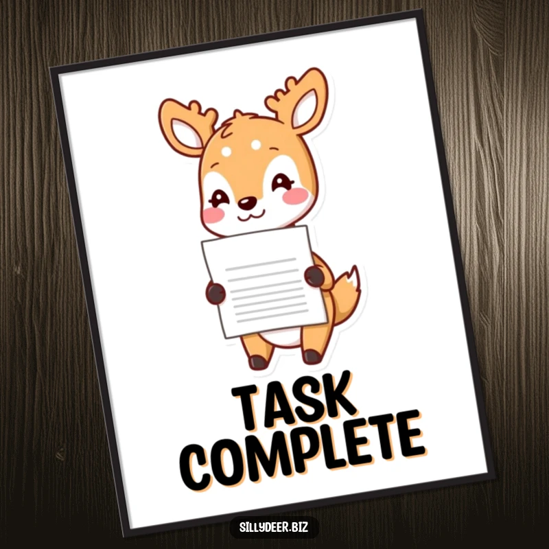 Funny Kawaii Deer Digital Art Print: Cute printable of a deer cheerfully delivering a document, adding charm and humor to decor.