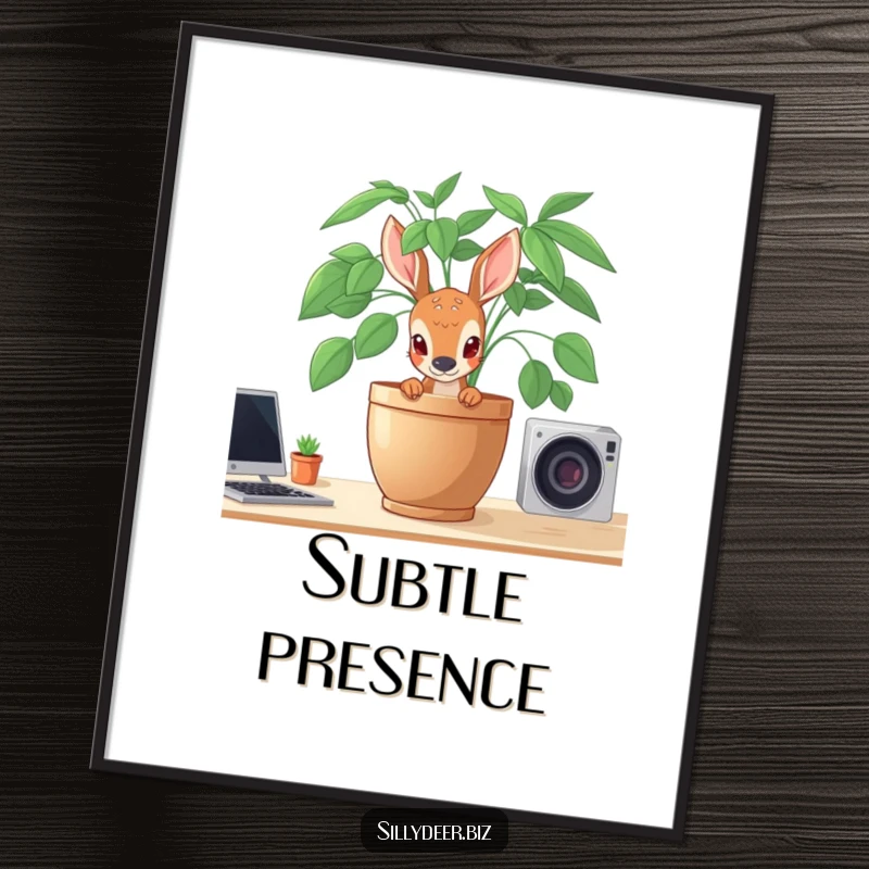 Funny Shy Deer Digital Art Print featuring a shy deer peeking from behind a potted plant on a desk, adding gentle whimsy.