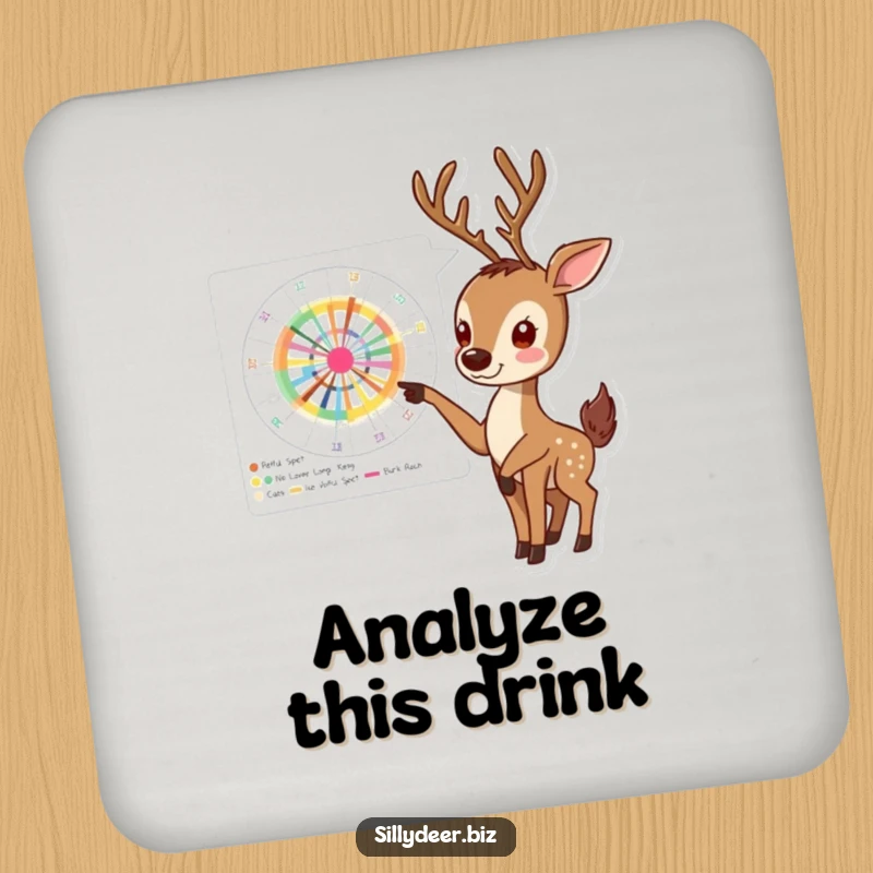 Funny Deer Coaster showing an enthusiastic deer pointing at a complex, colorful chart, adding professional charm to tabletops.