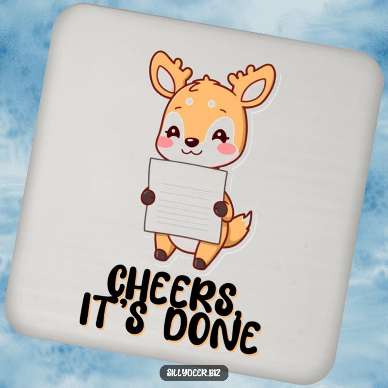 Funny Kawaii Deer Coasters: Set of coasters with a cute deer cheerfully handing a document, protecting surfaces with charm.