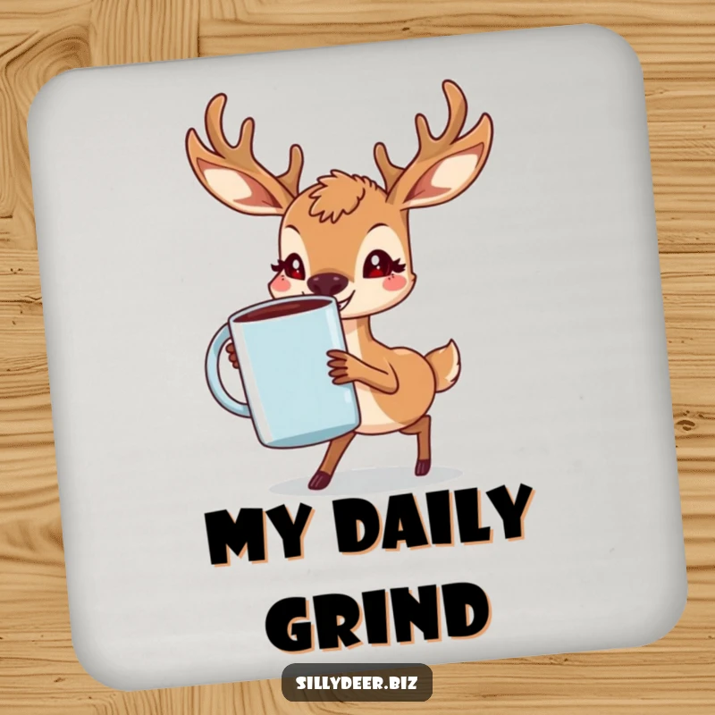 Funny Deer Coaster showing a determined deer with a grin, struggling with a large coffee mug, adding charm and humor to tabletops.