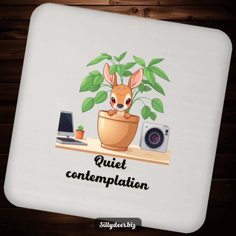 Funny Shy Deer Coaster showing a shy deer peeking from behind a potted plant on a desk, adding gentle charm to surfaces.