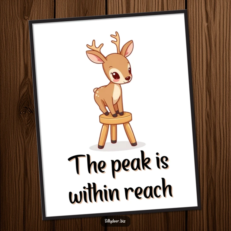 Funny poster print of a deer with intense focus trying to climb a tiny, wobbling stool, creating a humorous scene.