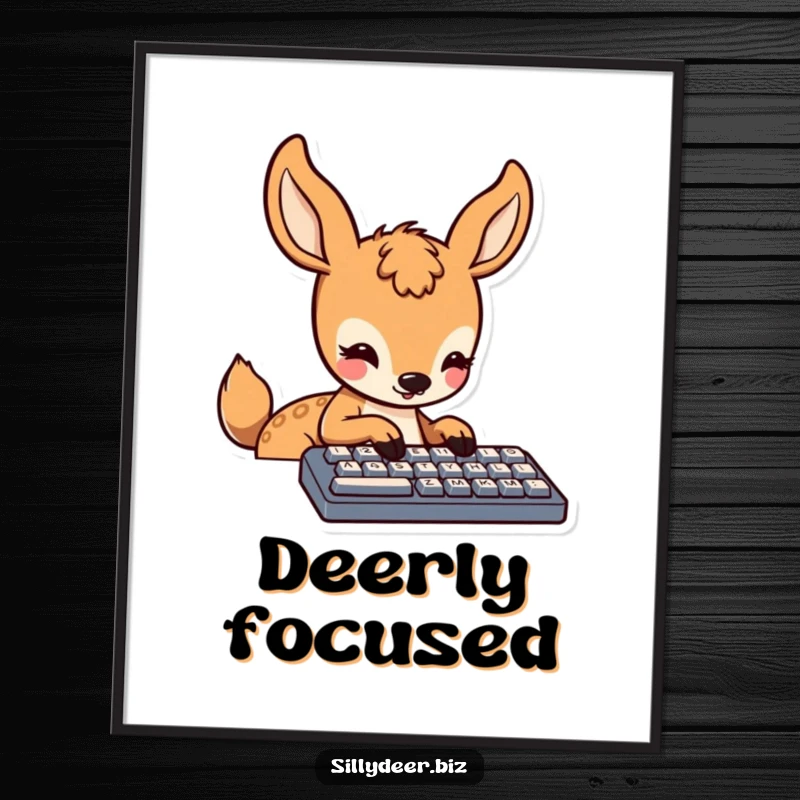 Funny Kawaii Deer Poster: Cute wall art print showing a deer intently typing on a keyboard with a happy expression, perfect decor.