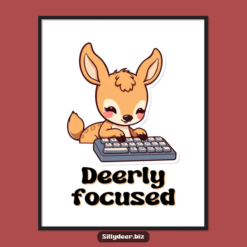 Funny Kawaii Deer Poster: Focused Typing Art, Cute Decor Gift