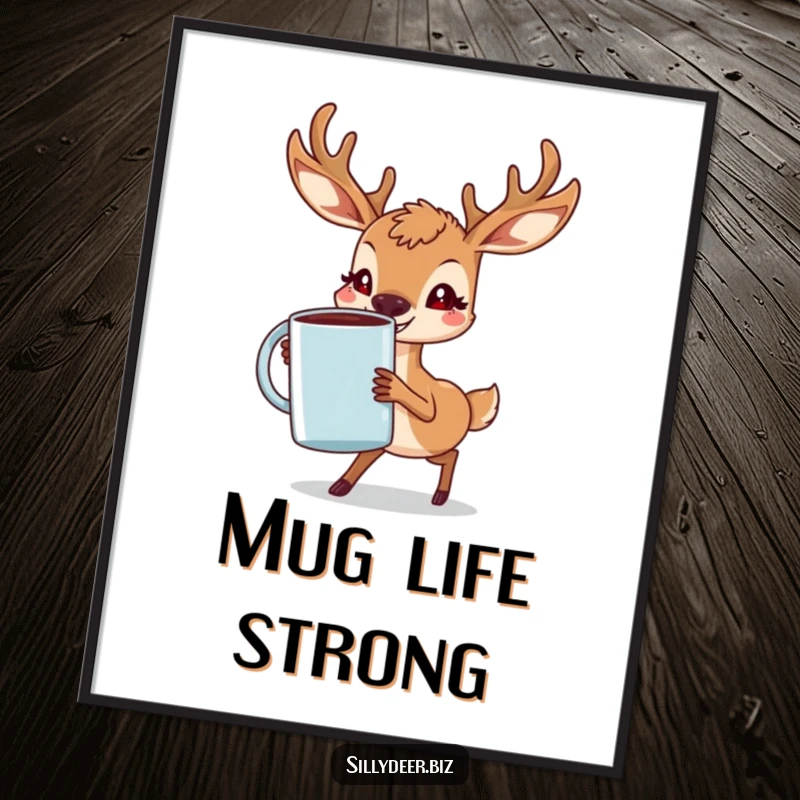 Funny Deer Poster showing a determined deer with a grin, carrying a massive coffee mug, inspiring strength and caffeine appreciation.