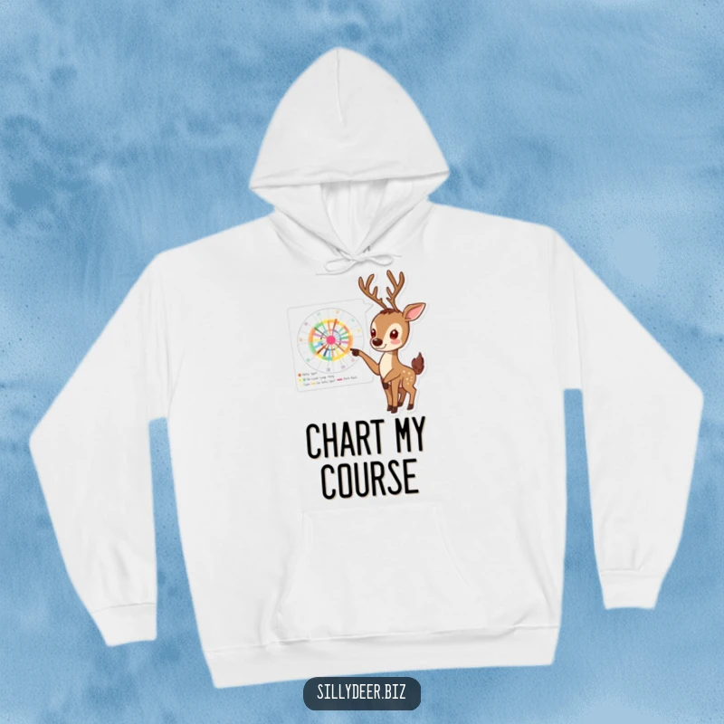 Funny Deer Hoodie showing an enthusiastic deer pointing at a complex, colorful chart, perfect for cozy data enthusiasts.