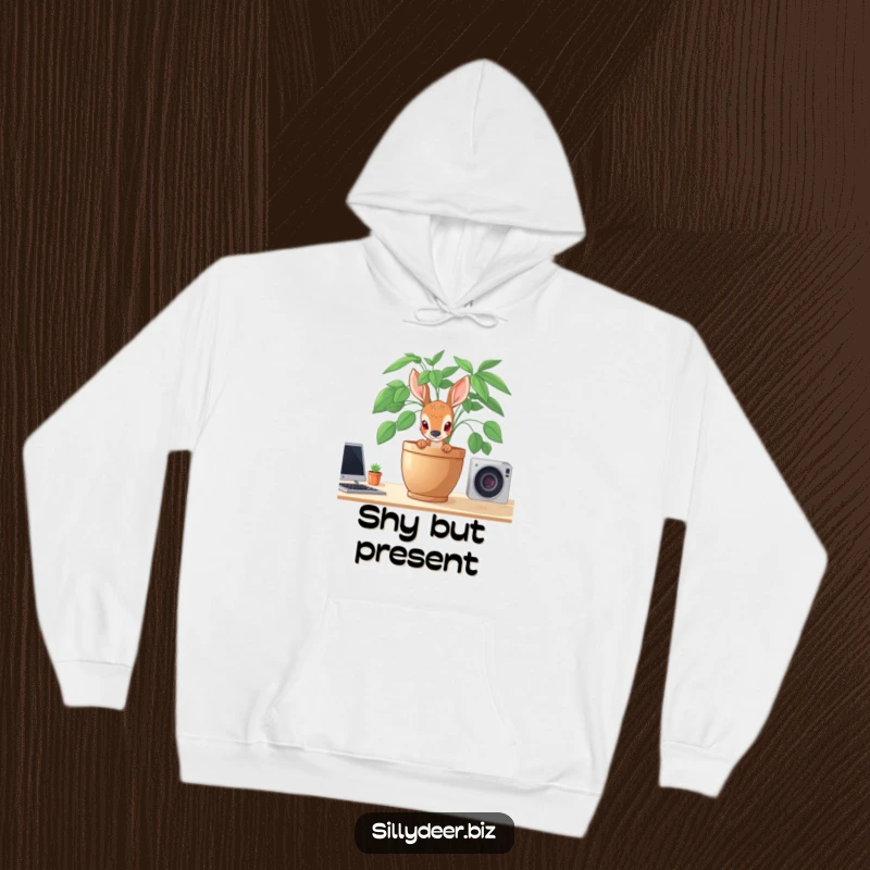 Funny Shy Deer Hoodie showing a shy deer peeking from behind a potted plant, offering warm, gentle comfort.