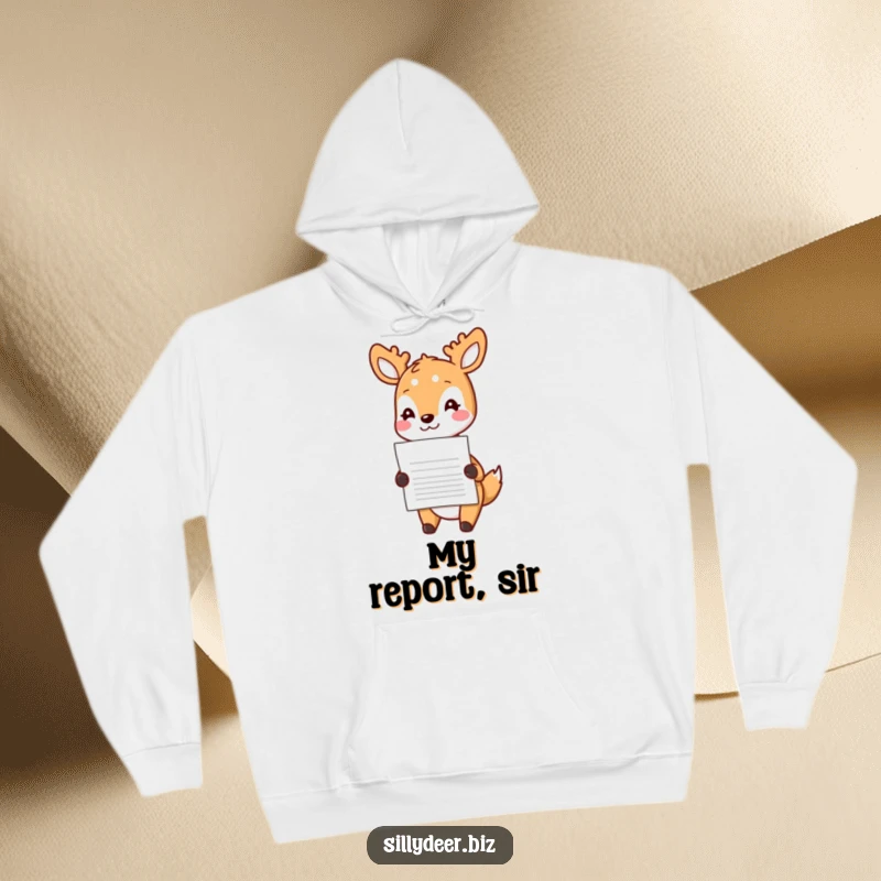 Funny Kawaii Deer Hoodie: Soft hoodie with a cute deer cheerfully handing a document, perfect for spreading warmth and smiles.