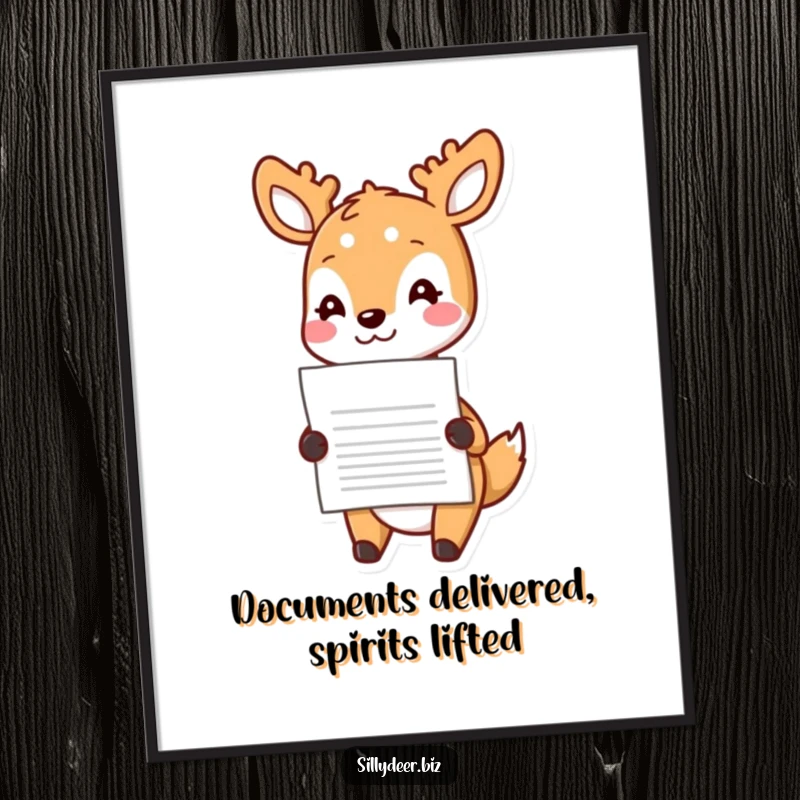 Funny Free Printable Wall Art featuring a cheerful kawaii deer nodding happily while holding out a document, radiating positive energy.