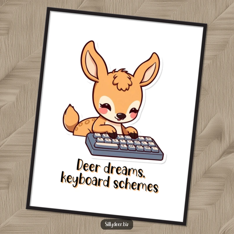 Funny Free Printable Wall Art showing a cute kawaii deer concentrating deeply while tapping on a computer keyboard with a gentle smile.