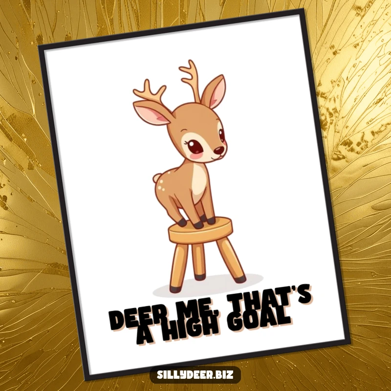 Funny Free Printable Wall Art: A determined deer comically attempts to climb a small, unsteady stool. Whimsical decor.