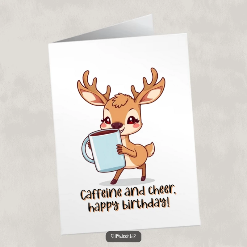 Funny Free Printable Birthday Card: A determined deer struggles with a giant coffee mug, ready to celebrate a birthday.
