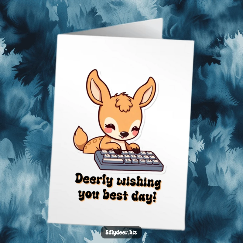 Funny Free Printable Birthday Card with a cute kawaii deer concentrating intensely while typing on a computer keyboard with a small smile.