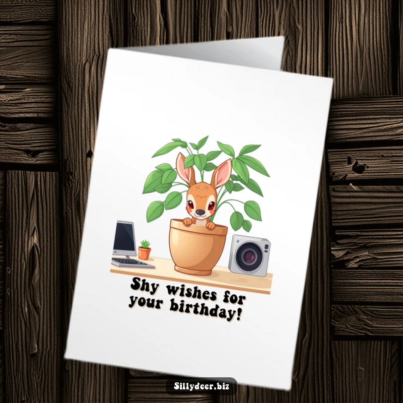 Funny Free Printable Birthday Card: A shy deer peeks from behind a plant, sending birthday wishes with a sweet smile.