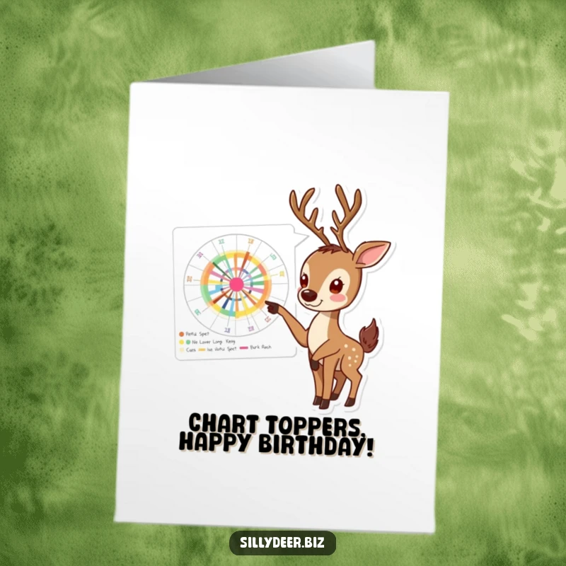 Funny Free Printable Birthday Card: An enthusiastic deer points at a colorful chart, celebrating a birthday with smarts.