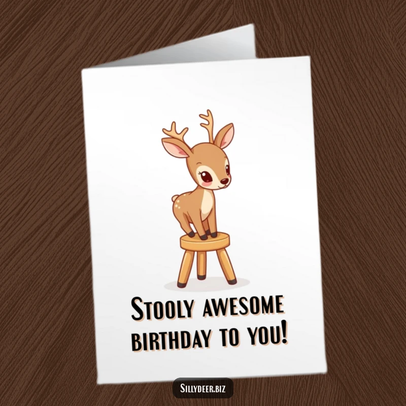 Funny Free Printable Birthday Card: A determined deer struggles comically to climb a wobbly stool, full of focus.