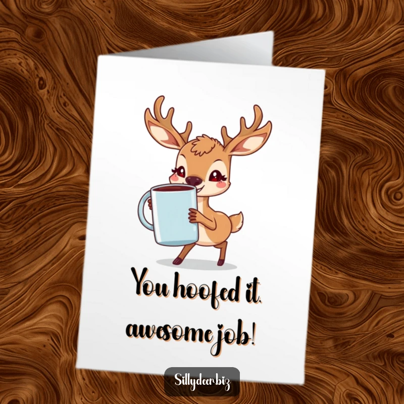 Funny Free Printable Congratulations Card: A triumphant deer beams while holding a massive coffee mug, celebrating an achievement.
