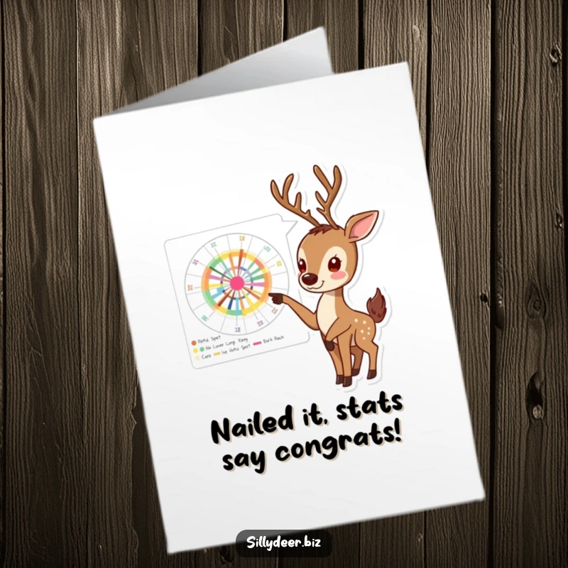 Funny Free Printable Congratulations Card: An enthusiastic deer points at a detailed colorful chart, celebrating a significant achievement.