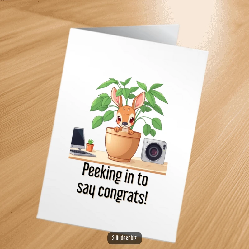 Funny Free Printable Congratulations Card: A deer peeks shyly from behind a plant, offering quiet congratulations on an achievement.