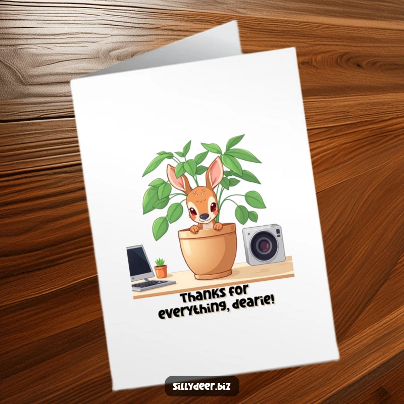 Funny Free Printable Thank You Card: A deer peeks out from behind a lush plant, offering a shy and heartfelt thank you.