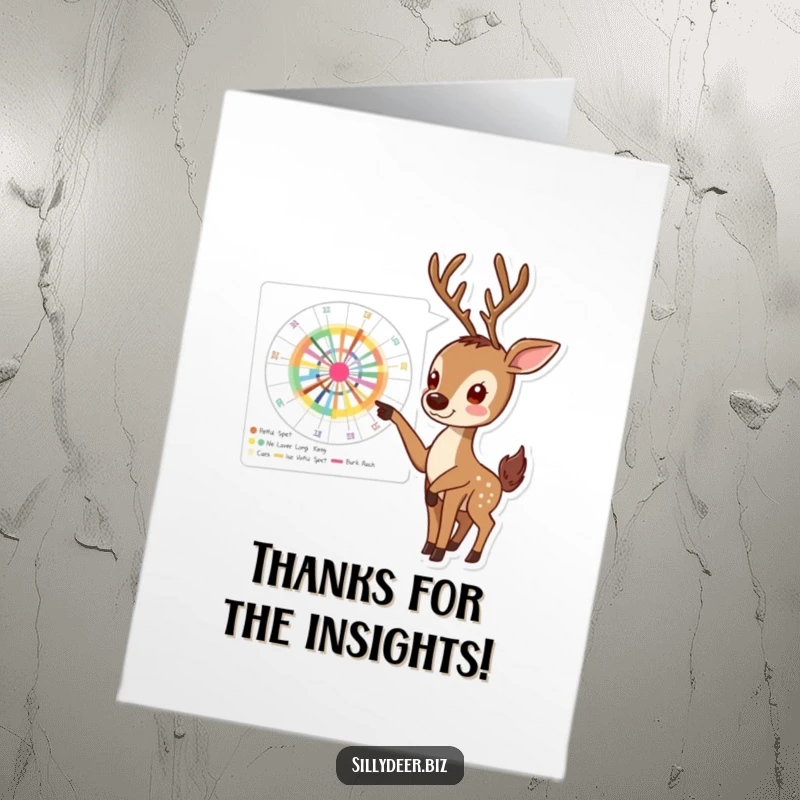 Funny Free Printable Thank You Card: An enthusiastic deer points to a colorful chart, humorously expressing thanks for data or help.