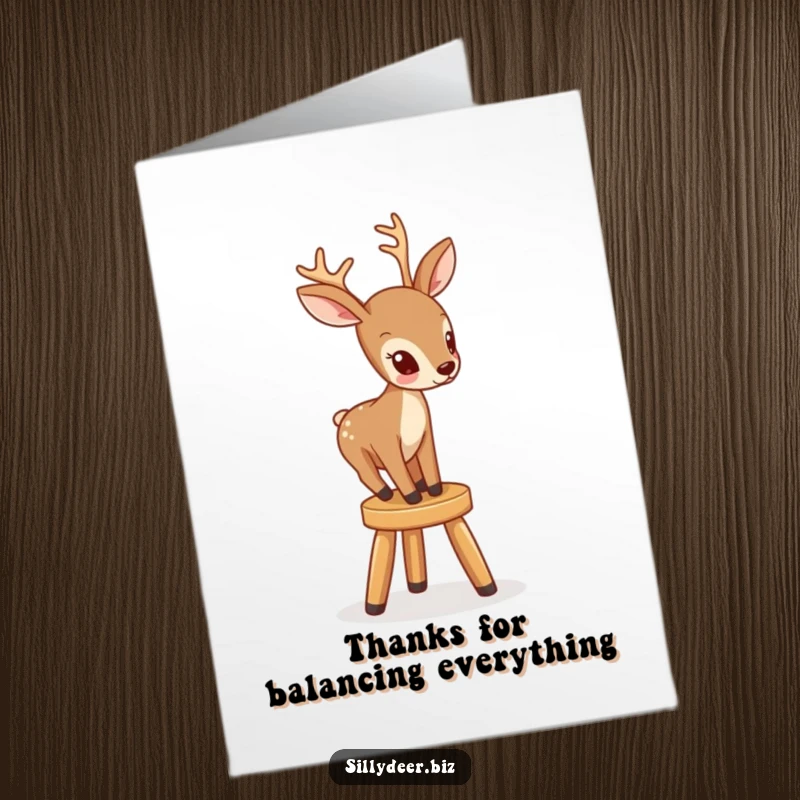 Funny Free Printable Thank You Card: A deer with intense focus attempts to mount a miniature stool. Expressing thanks humorously.