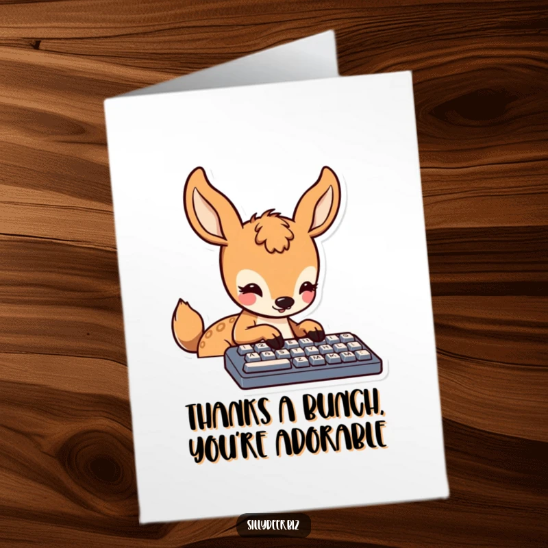 Cute Free Printable Thank You Card with a kawaii deer diligently typing on a keyboard, expressing gratitude with focus.