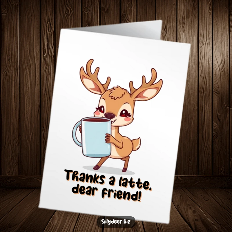 Funny Free Printable Thank You Card: A deer grins determinedly while carrying an enormous coffee cup, expressing thanks.