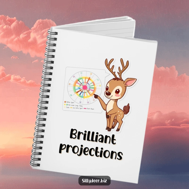 Funny Deer Notebook with an enthusiastic deer pointing at a complex, colorful chart, ideal for note-taking and analysis.
