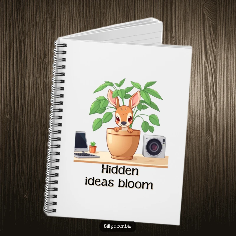 Funny Shy Deer Notebook with a shy deer peeking from behind a potted plant, ideal for note-taking and journaling.
