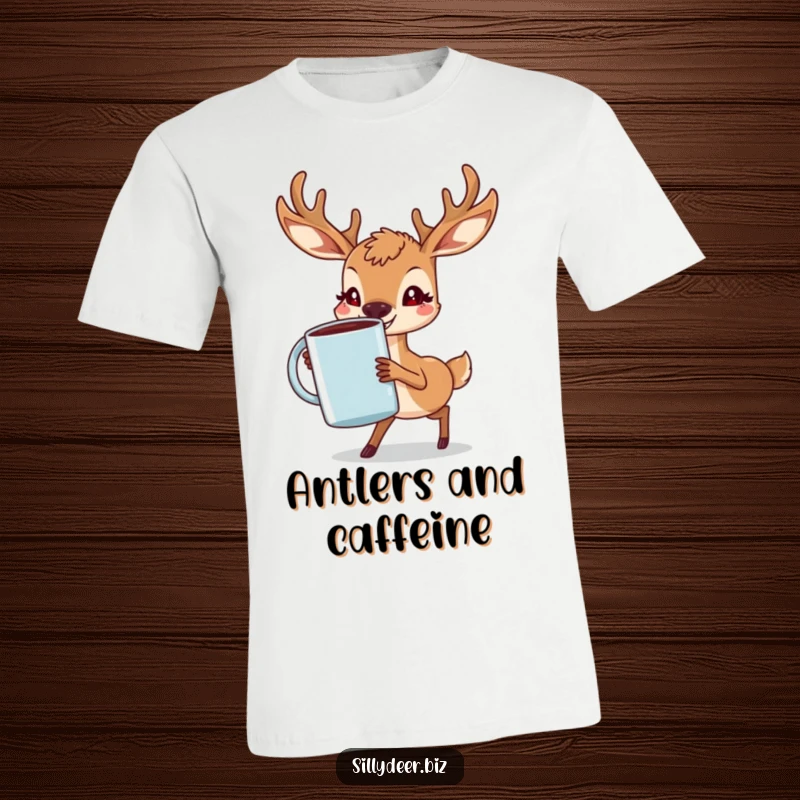 Funny Deer T-Shirt depicting a determined deer with a grin, heroically carrying a huge coffee mug, symbolizing the morning coffee struggle.