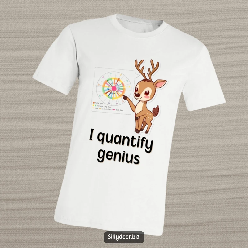 Funny Deer T-Shirt depicting an enthusiastic deer pointing excitedly at a complex, colorful chart, symbolizing data visualization.