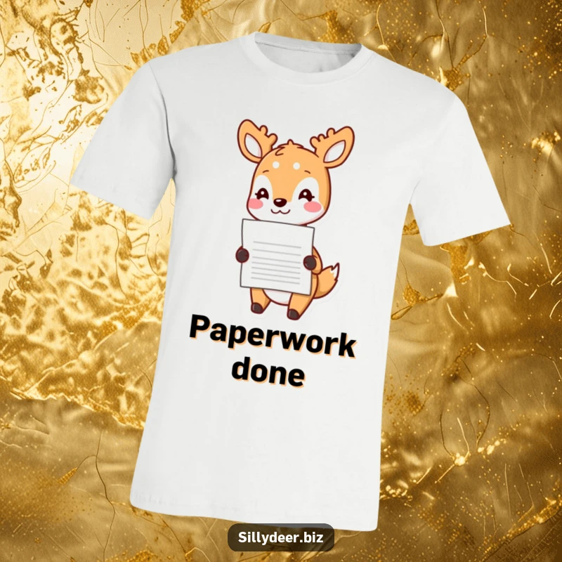 Funny Kawaii Deer T-Shirt: Adorable deer happily delivering a document with a friendly nod, perfect for a cheerful look.