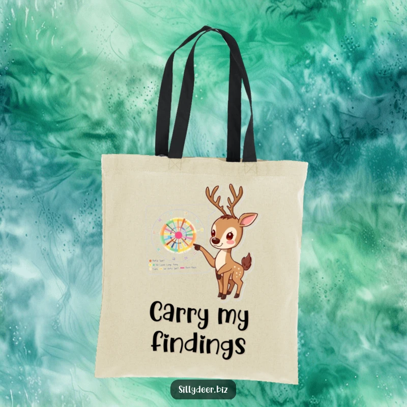 Funny Deer Tote Bag depicting an enthusiastic deer pointing excitedly at a complex, colorful chart, symbolizing data presentation.