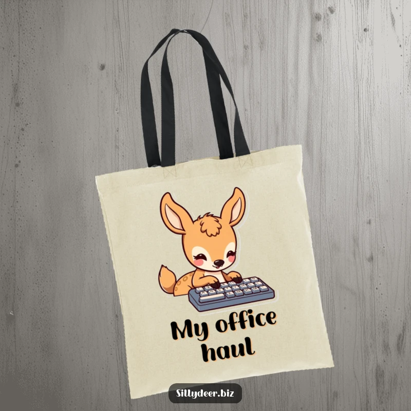 Funny Kawaii Deer Tote Bag: Cute and practical bag with a kawaii deer typing on a keyboard, ideal for shopping or books.